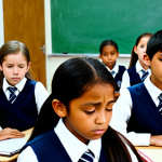 A diverse group of elementary school students, fully clothed in modest school uniforms, are shown struggling to concentrate in a noisy and reverberant classroom. Some students appear distracted, looking away or slightly covering their ears. The teacher, also fully clothed in appropriate professional attire, stands at the front, speaking with a visibly strained expression, highlighting the effort required to be heard. The classroom features hard, reflective surfaces, creating a chaotic auditory environment. Bright, harsh lighting. High-angle shot, professional photography, high quality, perfect anatomy, correct proportions, natural pose, well-formed hands, proper finger count, natural body proportions, safe for work, appropriate content, fully clothed, family-friendly.