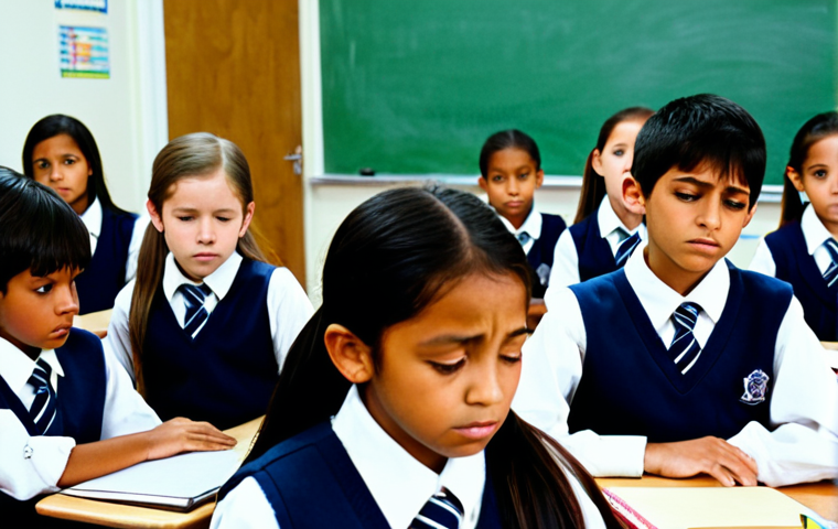 A diverse group of elementary school students, fully clothed in modest school uniforms, are shown struggling to concentrate in a noisy and reverberant classroom. Some students appear distracted, looking away or slightly covering their ears. The teacher, also fully clothed in appropriate professional attire, stands at the front, speaking with a visibly strained expression, highlighting the effort required to be heard. The classroom features hard, reflective surfaces, creating a chaotic auditory environment. Bright, harsh lighting. High-angle shot, professional photography, high quality, perfect anatomy, correct proportions, natural pose, well-formed hands, proper finger count, natural body proportions, safe for work, appropriate content, fully clothed, family-friendly.