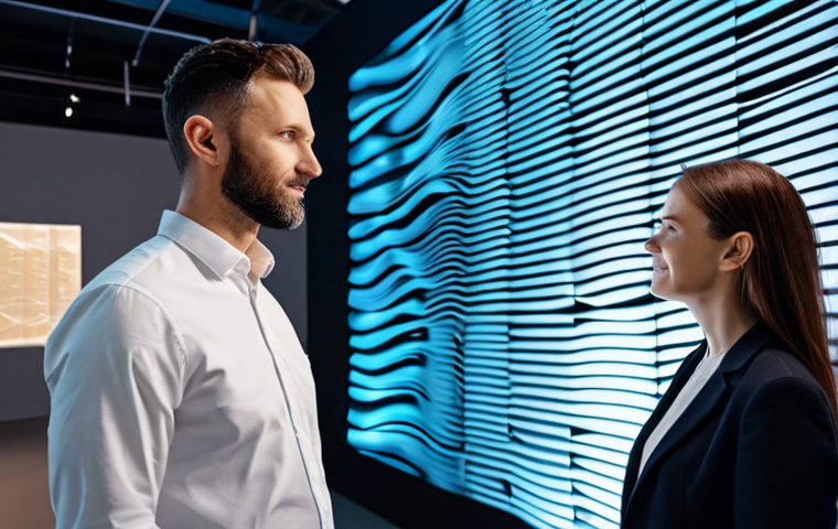 A professional male architect and a professional female sound designer in modest business attire, standing in a modern design studio. They are collaboratively reviewing a large holographic display showing detailed acoustic simulations with sound wave patterns and material properties. The studio features innovative acoustic panels made from recycled materials on the walls and ceiling, with subtle integrated lighting. The scene emphasizes a high-tech, collaborative atmosphere. Professional photography, high quality, perfect anatomy, correct proportions, natural pose, well-formed hands, proper finger count, natural body proportions, safe for work, appropriate content, fully clothed, professional dress, family-friendly.