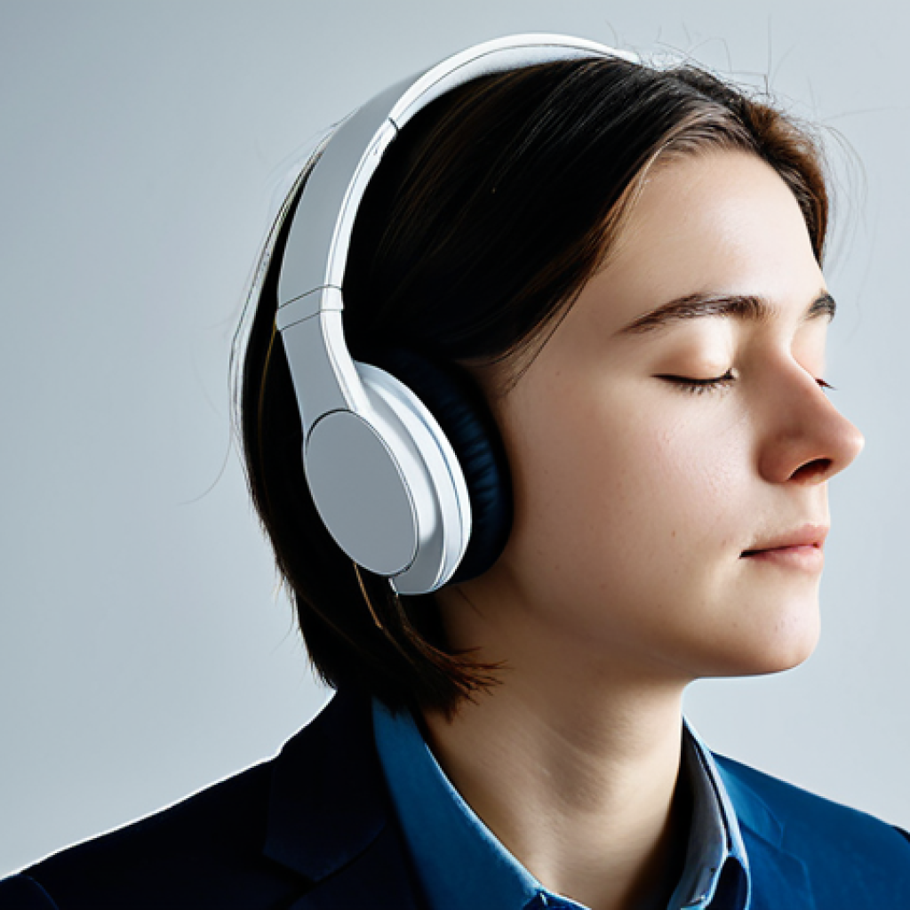 A young adult professional in a modest business casual attire, wearing sleek, modern over-ear headphones, with eyes gently closed in deep concentration, subtly reacting to an immersive spatial audio experience. Their head is slightly tilted, conveying a sense of complete absorption. The setting is a minimalist, modern home study with soft, ambient lighting. Subtle, ethereal light particles and soft, flowing lines delicately emanate around their head, visually representing the enveloping 3D soundscape. Professional photography, cinematic lighting, high detail, realistic, perfect anatomy, correct proportions, natural pose, well-formed hands, proper finger count, natural body proportions, safe for work, appropriate content, fully clothed, modest clothing, family-friendly.