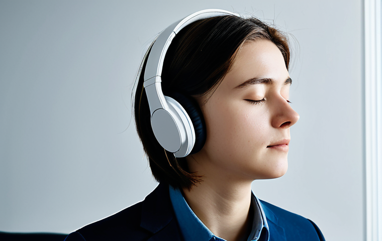 A young adult professional in a modest business casual attire, wearing sleek, modern over-ear headphones, with eyes gently closed in deep concentration, subtly reacting to an immersive spatial audio experience. Their head is slightly tilted, conveying a sense of complete absorption. The setting is a minimalist, modern home study with soft, ambient lighting. Subtle, ethereal light particles and soft, flowing lines delicately emanate around their head, visually representing the enveloping 3D soundscape. Professional photography, cinematic lighting, high detail, realistic, perfect anatomy, correct proportions, natural pose, well-formed hands, proper finger count, natural body proportions, safe for work, appropriate content, fully clothed, modest clothing, family-friendly.
