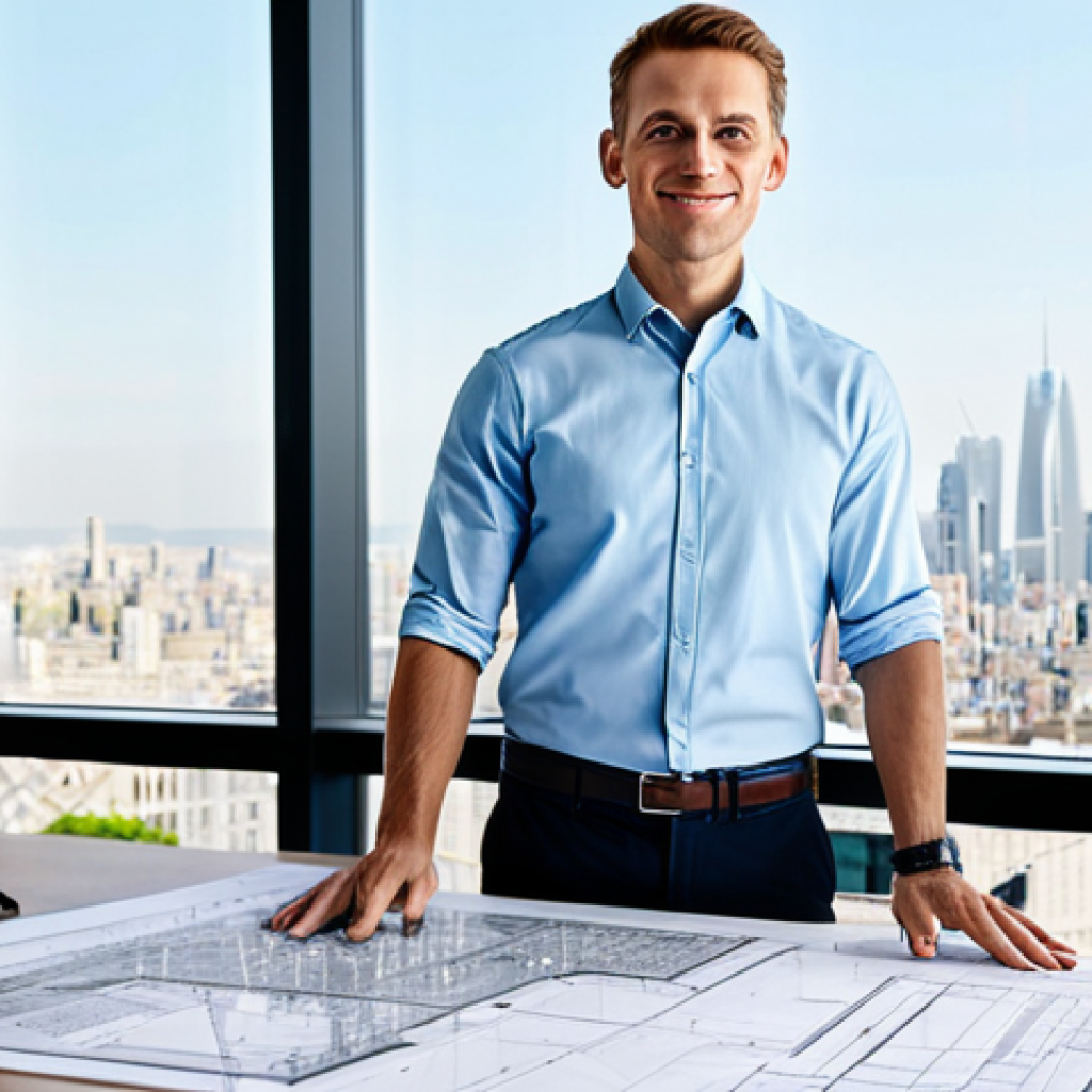 **
"A professional architect, fully clothed in a modest business casual outfit, standing inside a bright and modern architectural office. Blueprints are spread across a large table, with cityscape views through large windows. Safe for work, appropriate content, professional setting, perfect anatomy, correct proportions, well-formed hands, proper finger count, natural body proportions, high resolution, detailed."
**