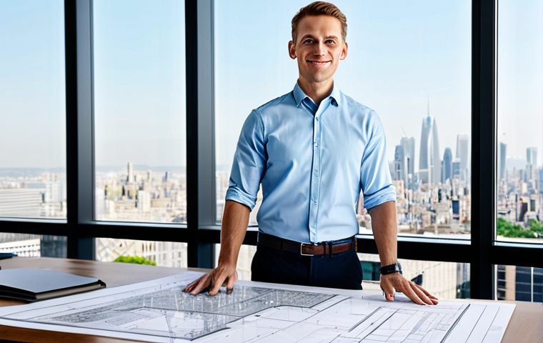 **
"A professional architect, fully clothed in a modest business casual outfit, standing inside a bright and modern architectural office. Blueprints are spread across a large table, with cityscape views through large windows. Safe for work, appropriate content, professional setting, perfect anatomy, correct proportions, well-formed hands, proper finger count, natural body proportions, high resolution, detailed."
**