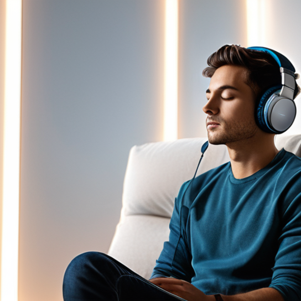 공간음향 디자인을 위한 필수 참고 도서 - **Immersive Auditory Journey:** A young adult, wearing a stylish yet comfortable outfit, sits calmly...