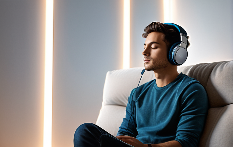 공간음향 디자인을 위한 필수 참고 도서 - **Immersive Auditory Journey:** A young adult, wearing a stylish yet comfortable outfit, sits calmly...