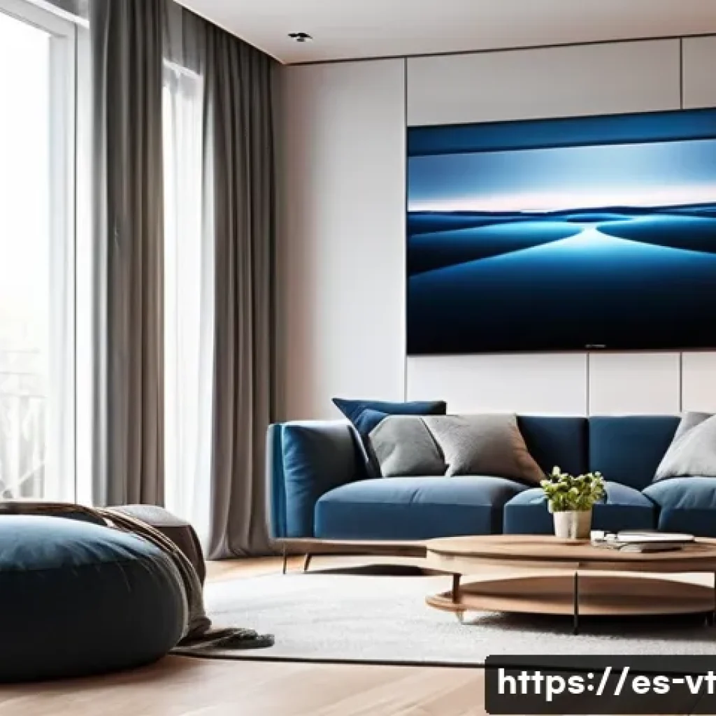 3D 오디오 기술과 공간음향 디자인의 접목 - A modern living room with a sophisticated 3D audio system setup, featuring sleek soundbars and wirel...