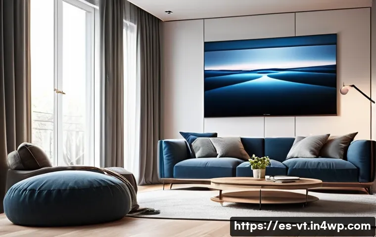 3D 오디오 기술과 공간음향 디자인의 접목 - A modern living room with a sophisticated 3D audio system setup, featuring sleek soundbars and wirel...