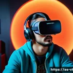 Home 22 공간음향 디자인의 트렌드 - A modern gaming setup with a player immersed in a virtual reality environment, wearing wireless head...