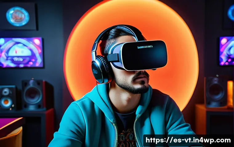 공간음향 디자인의 트렌드 - A modern gaming setup with a player immersed in a virtual reality environment, wearing wireless head...