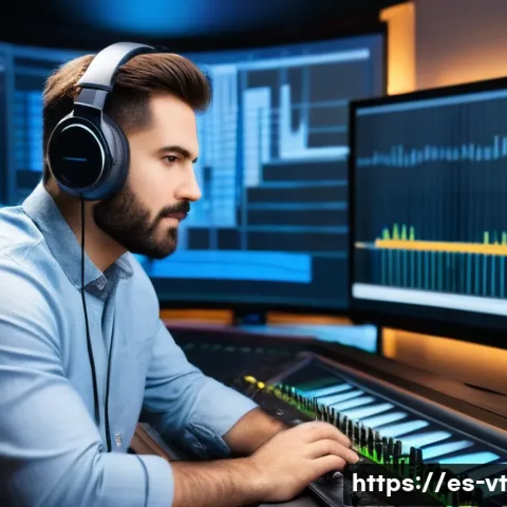전문가의 공간음향 디자인 평가 기준 - A high-tech sound engineer in a modern recording studio, surrounded by an array of advanced spatial ...