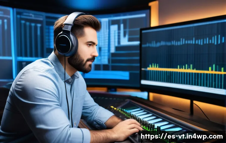 전문가의 공간음향 디자인 평가 기준 - A high-tech sound engineer in a modern recording studio, surrounded by an array of advanced spatial ...