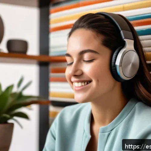 Home 32 공간음향 디자인과 사용자 맞춤형 솔루션 - A young adult woman sitting in a modern living room in Barcelona, wearing stylish wireless headphone...