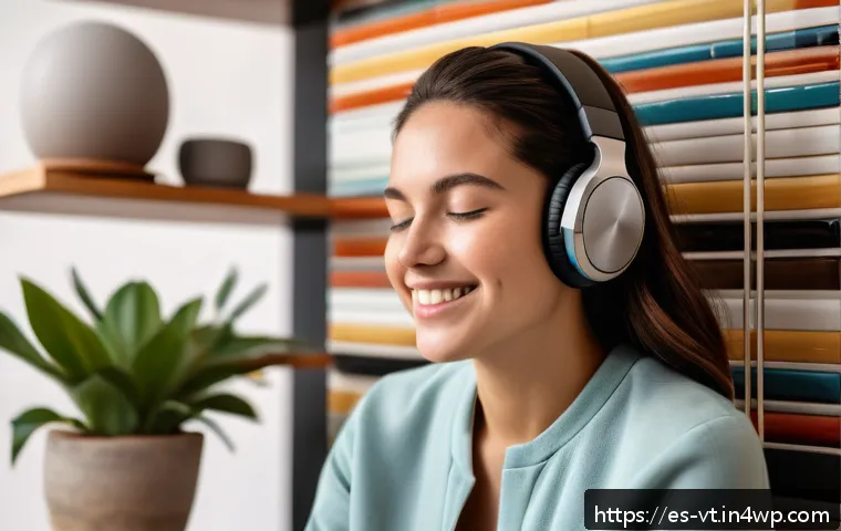 공간음향 디자인과 사용자 맞춤형 솔루션 - A young adult woman sitting in a modern living room in Barcelona, wearing stylish wireless headphone...