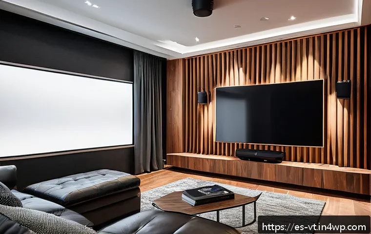 공간음향 디자인을 위한 DIY 프로젝트 - A modern home theater room designed for perfect 3D surround sound, featuring strategically placed Do...