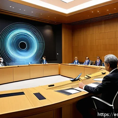 Home 17 공간음향 디자인의 정책적 대응 - A futuristic legislative chamber in Spain, filled with diverse lawmakers engaged in a debate about s...
