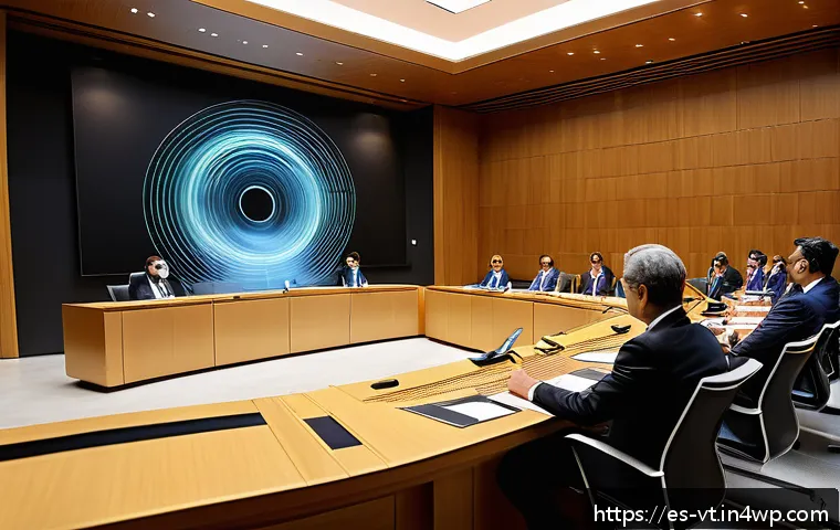 공간음향 디자인의 정책적 대응 - A futuristic legislative chamber in Spain, filled with diverse lawmakers engaged in a debate about s...