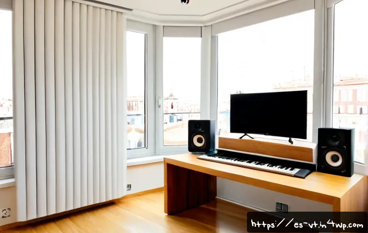 Home 17 공간음향 디자인에서의 소음 제어 - Photorealistic acoustic design studio in a modern Madrid apartment, a sound engineer adjusting discr...