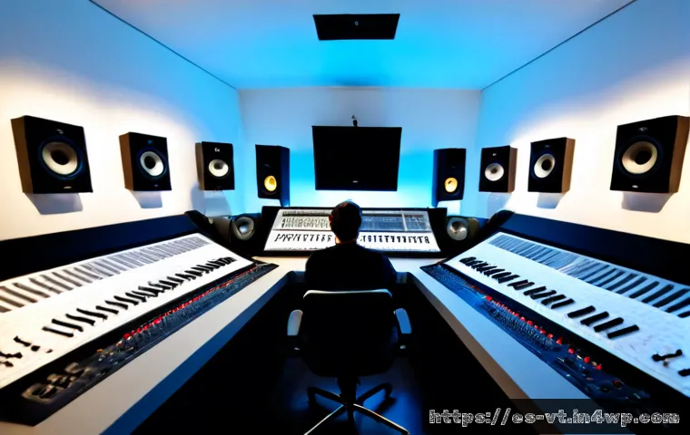 공간음향 디자인에서의 소리 공간 감각 - Photorealistic wide-angle interior of a modern immersive audio studio in Barcelona, a sound designer...